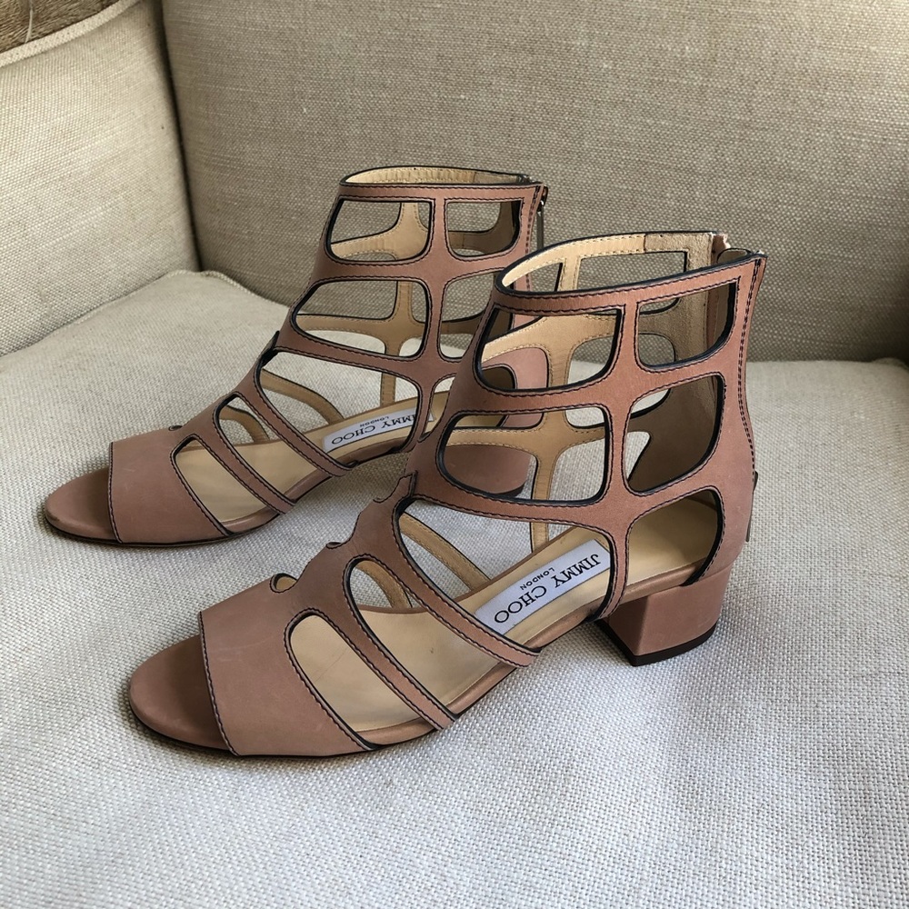 Jimmy Choo Sandals Caged Leather Ren Block Nude 6 - Picture 3 of 8